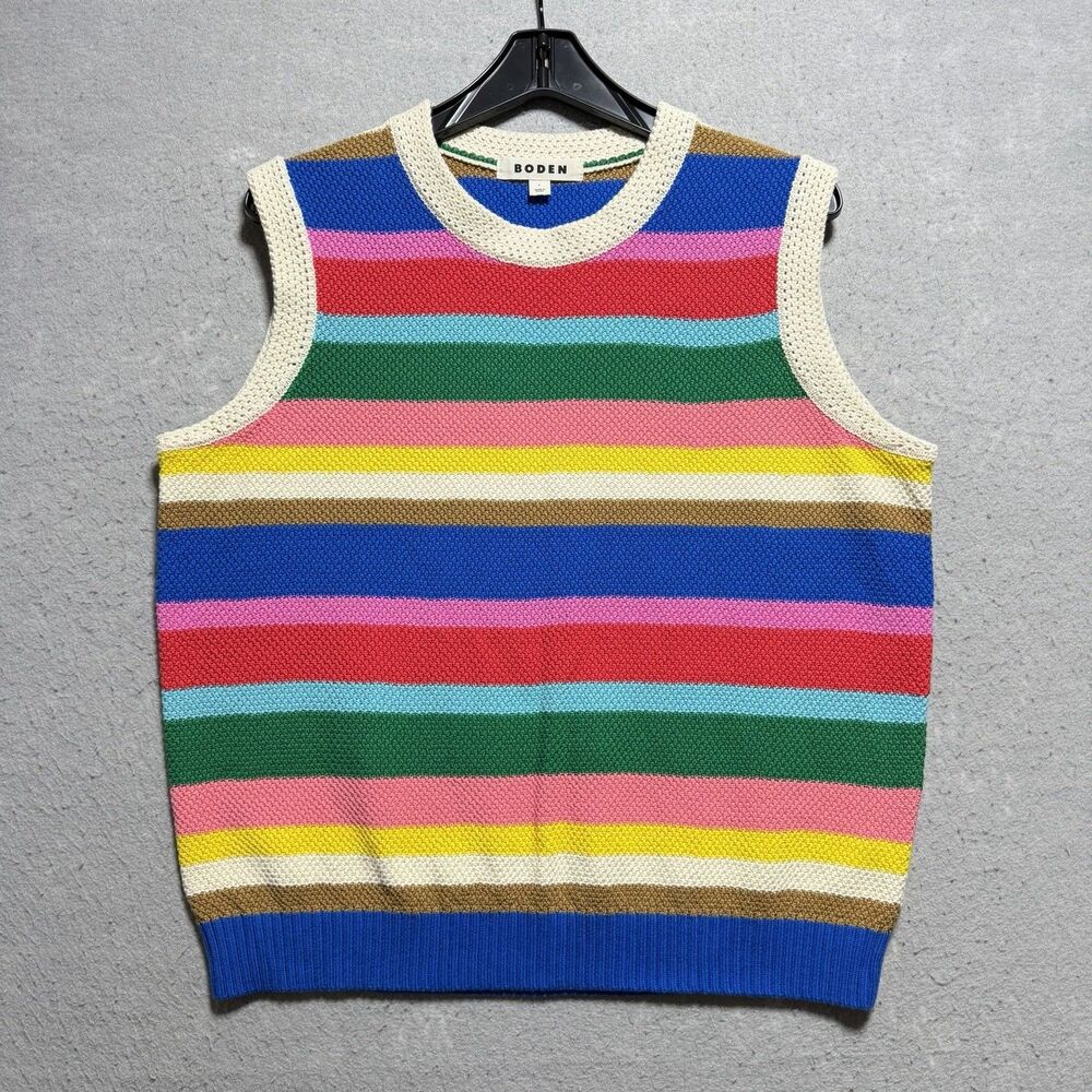 Boden Sweater Vest Callie Crochet Trim Knit Crewneck Stripe Vibrant Multicolor L